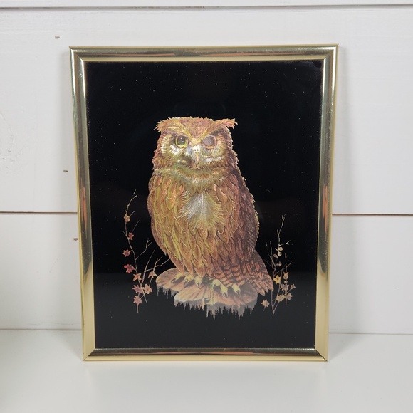 Vintage 1980s Perched Owl Metallic Foil Art, Kafka Ind- Framed VTG Art- Woodland - Picture 7 of 7